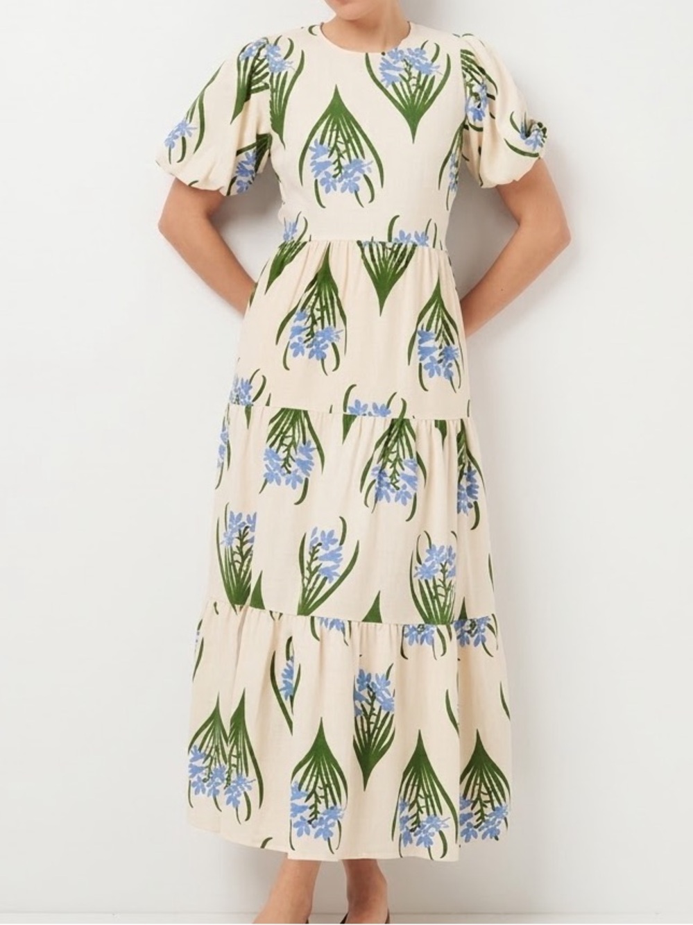 Zara Floral Maxi Dress S Blue Green Botanical Puff Sleeve Tiered Cottagecore